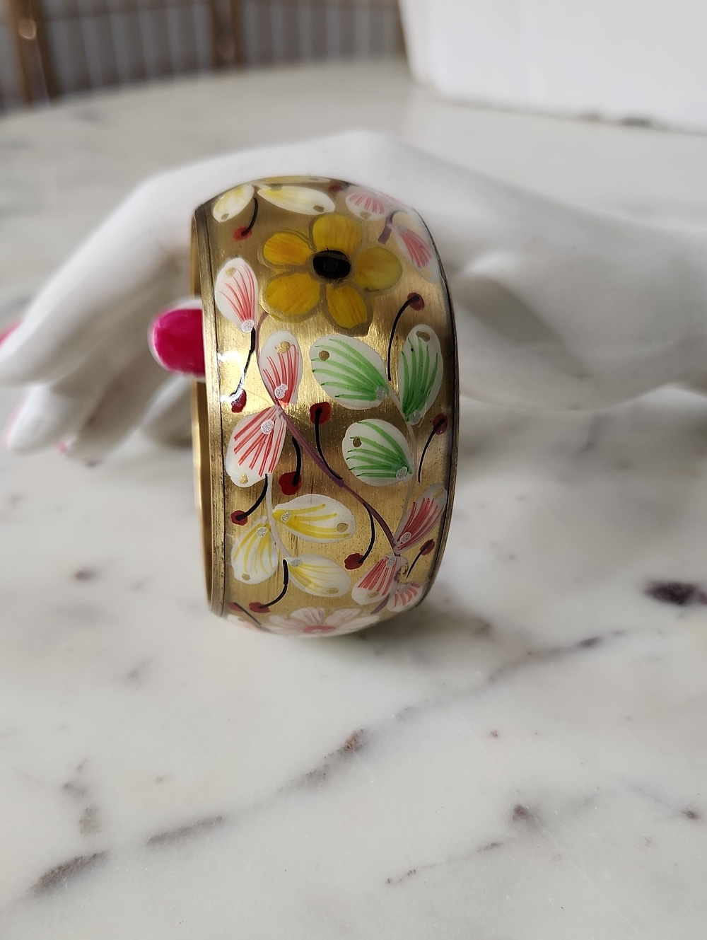 Vintage Hand-Painted Floral Enamel Gold-Tone Bangle